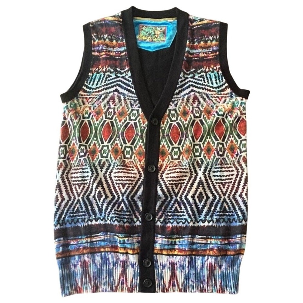 Robert Graham Cardigan Sweater Vest Med Linen Knit Southwestern Tribal Designer